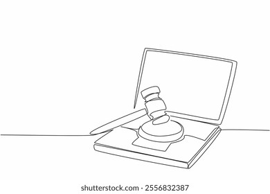 Continuous one line drawing wooden hammer and pad on top of laptop. The latest future technology laptops are up for auction. National Auctioneers Day. Single line draw design vector illustration