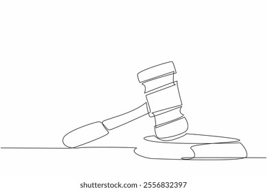 Continuous one line drawing wooden hammer stands on its bearing. Gavel is about to be struck, awaiting final results of auction. National Auctioneers Day. Single line draw design vector illustration