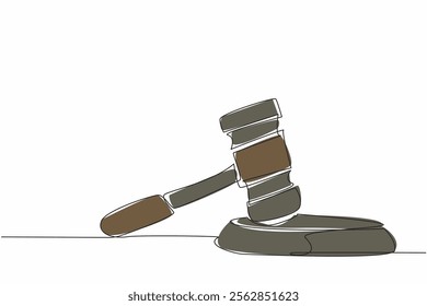 Continuous one line drawing wooden hammer stands on its bearing. Gavel is about to be struck, awaiting final results of auction. National Auctioneers Day. Single line draw design vector illustration