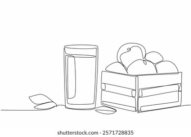 Continuous one line drawing wooden box containing piles of oranges and orange juice in glasses. Enjoy the harvest immediately. National Orange Juice Day. Single line draw design vector illustration