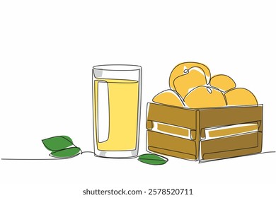 Continuous one line drawing wooden box containing piles of oranges and orange juice in glasses. Enjoy the harvest immediately. National Orange Juice Day. Single line draw design vector illustration