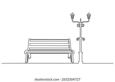 Continuous one line drawing of Wooden park bench and street lamp. Single line drawing illustration of Park bench with Vintage garden lamp. Street element concept vector art. Doodle line illustration.
