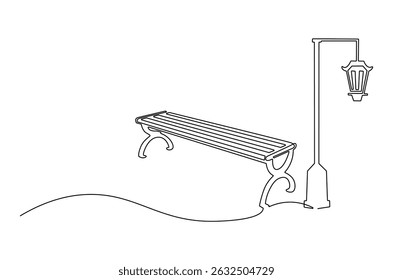 Continuous one line drawing of Wooden park bench and street lamp. Single line drawing illustration of Park bench with Vintage garden lamp. Street element concept vector art. Doodle line illustration.