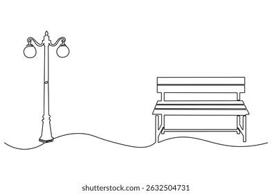 Continuous one line drawing of Wooden park bench and street lamp. Single line drawing illustration of Park bench with Vintage garden lamp. Street element concept vector art. Doodle line illustration.
