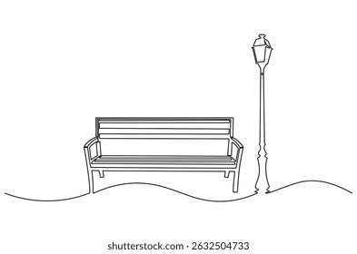 Continuous one line drawing of Wooden park bench and street lamp. Single line drawing illustration of Park bench with Vintage garden lamp. Street element concept vector art. Doodle line illustration.