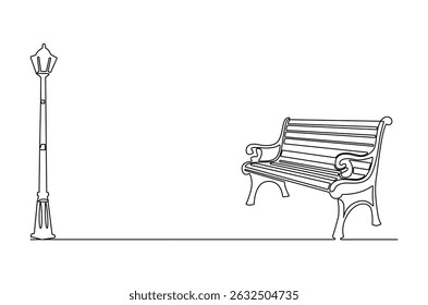 Continuous one line drawing of Wooden park bench and street lamp. Single line drawing illustration of Park bench with Vintage garden lamp. Street element concept vector art. Doodle line illustration.