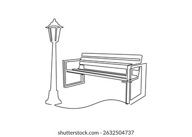 Continuous one line drawing of Wooden park bench and street lamp. Single line drawing illustration of Park bench with Vintage garden lamp. Street element concept vector art. Doodle line illustration.