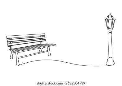 Continuous one line drawing of Wooden park bench and street lamp. Single line drawing illustration of Park bench with Vintage garden lamp. Street element concept vector art. Doodle line illustration.