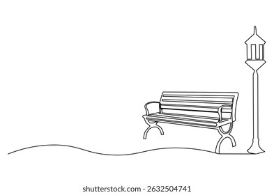 Continuous one line drawing of Wooden park bench and street lamp. Single line drawing illustration of Park bench with Vintage garden lamp. Street element concept vector art. Doodle line illustration.