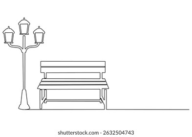Continuous one line drawing of Wooden park bench and street lamp. Single line drawing illustration of Park bench with Vintage garden lamp. Street element concept vector art. Doodle line illustration.