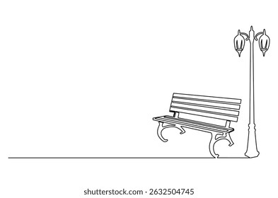Continuous one line drawing of Wooden park bench and street lamp. Single line drawing illustration of Park bench with Vintage garden lamp. Street element concept vector art. Doodle line illustration.