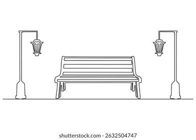 Continuous one line drawing of Wooden park bench and street lamp. Single line drawing illustration of Park bench with Vintage garden lamp. Street element concept vector art. Doodle line illustration.