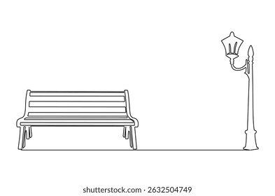 Continuous one line drawing of Wooden park bench and street lamp. Single line drawing illustration of Park bench with Vintage garden lamp. Street element concept vector art. Doodle line illustration.