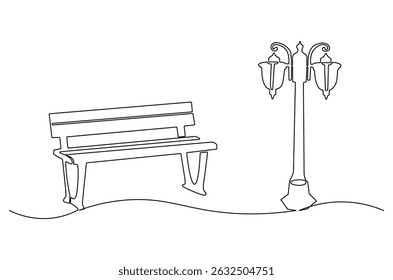 Continuous one line drawing of Wooden park bench and street lamp. Single line drawing illustration of Park bench with Vintage garden lamp. Street element concept vector art. Doodle line illustration.