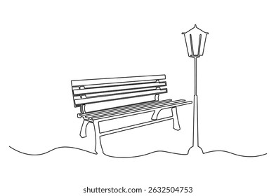 Continuous one line drawing of Wooden park bench and street lamp. Single line drawing illustration of Park bench with Vintage garden lamp. Street element concept vector art. Doodle line illustration.