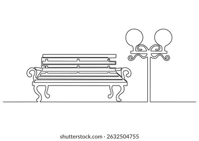 Continuous one line drawing of Wooden park bench and street lamp. Single line drawing illustration of Park bench with Vintage garden lamp. Street element concept vector art. Doodle line illustration.