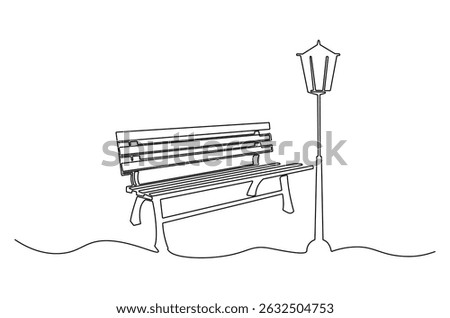 Continuous one line drawing of Wooden park bench and street lamp. Single line drawing illustration of Park bench with Vintage garden lamp. Street element concept vector art. Doodle line illustration.
