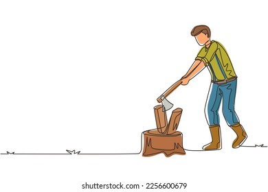 Continuous one line drawing woodman or lumberman in checkered shirt and sling pants chopping wood with ax on tree stump. Man with ax in his hands cuts tree. Single line draw design vector illustration