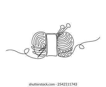 Continuous one line drawing of wool yarn and knitting needles. yarn and knitting needles single line art vector illustration. Editable vector. 
