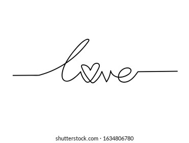 Continuous one line drawing of word LOVE, vector minimalist black and white illustration of love valentine concept