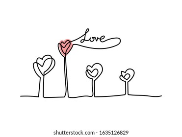 Continuous one line drawing of word LOVE, vector minimalist black and white illustration of love valentine concept