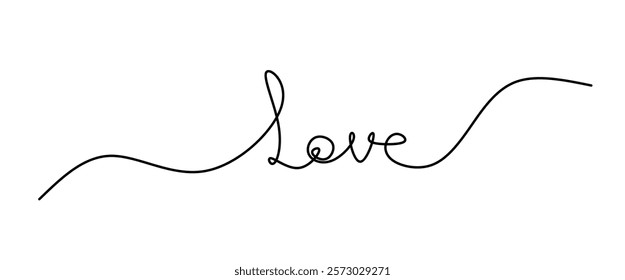 Continuous one line drawing of word Love, calligraphy lettering free handwriting wavy love concept, black ad white graphics