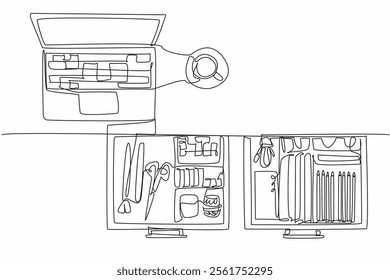 Continuous one line drawing work desk with open drawers and various contents. A tidy workspace always creates enthusiasm. Spirit at work. Get Organized Day. Single line draw design vector illustration