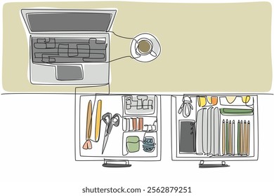 Continuous one line drawing work desk with open drawers and various contents. A tidy workspace always creates enthusiasm. Spirit at work. Get Organized Day. Single line draw design vector illustration