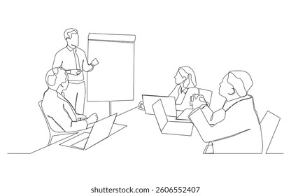  continuous one line drawing of work team having meeting.