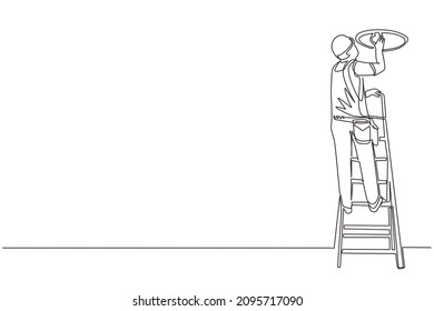 Continuous one line drawing worker electrician on ladder change light bulb. Professional repairman in uniform and helmet working. Idea of electricity. Single line design vector graphic illustration