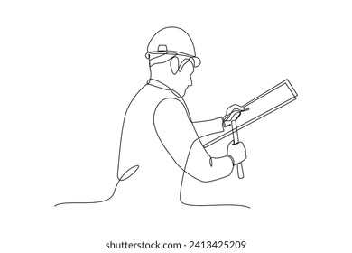 Continuous one line drawing the worker is nailing wood. Construction worker in uniform and helmet doing work. Builder concept. Repair work services. Single line draw design.