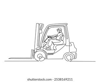 Continuous one line drawing of worker driving forklift. Forklift truck single line art vector illustration. Editable vector. 
