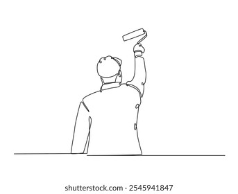 Continuous one line drawing of worker painting with roller brush. Man holding roller paint brush. Editable vector. 
