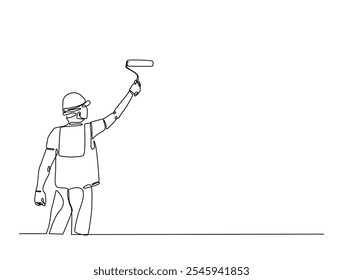 Continuous one line drawing of worker painting with roller brush. Man holding roller paint brush. Editable vector. 

