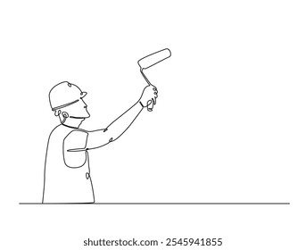 Continuous one line drawing of worker painting with roller brush. Man holding roller paint brush. Editable vector. 
