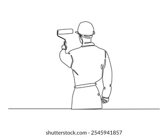 Continuous one line drawing of worker painting with roller brush. Man holding roller paint brush. Editable vector. 
