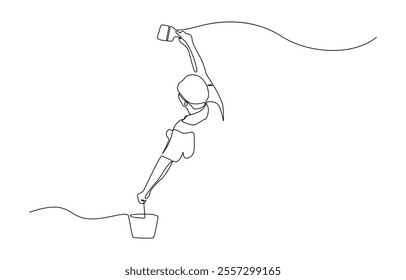 Continuous one line drawing of worker painting with roller brush, Continuous one line drawing of young handyman painting the wall using roller stick.