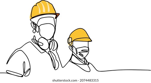 Continuous one line drawing of workers wear protective face masks for safety in machine industrial factory