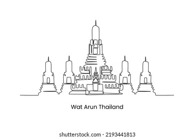 Continuous one line drawing world famous Wat Arun temple, Thailand. Landmarks concept. Single line draw design vector graphic illustration.