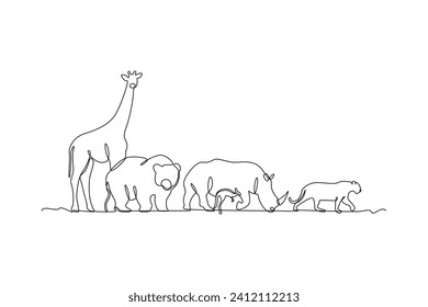 Continuous one line drawing World wildlife day concept. Doodle vector illustration.