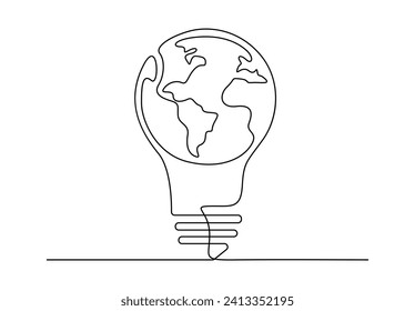 Continuous one line drawing of World map globe inside the lamp. Vector illustration. Premium vector.