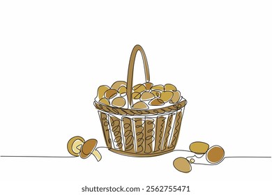 Continuous one line drawing woven basket containing piles of various types of mushrooms. Harvest with abundant and satisfying results. Day of the Mushroom. Single line draw design vector illustration