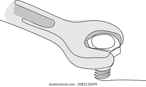 Continuous one line drawing of wrench tightens bolt in steel billet spanner bolt screw and nuts. Vector illustration. Vector illustration