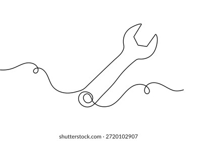 Dibujo continuo de una línea de un símbolo de herramienta de llave inglesa en estilo minimalista para reparación y servicio