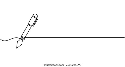  Continuous one line drawing writing pen isolated minimalist linear illustration made of single line vector illustration, Single continuous line drawing of vintage ballpoint. Pen icon. Back to school.