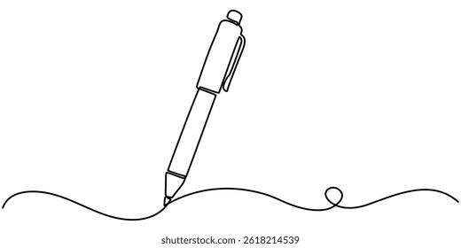 Continuous one line drawing writing pen isolated minimalist linear illustration made of single line vector illustration, Pen Signature Continuous Line Icon, One continuous line of pen writing.
