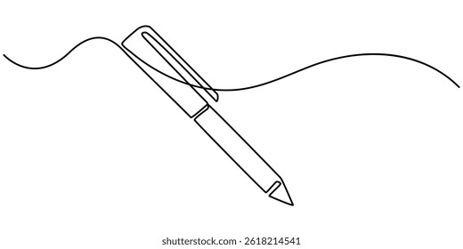 Continuous one line drawing writing pen isolated minimalist linear illustration made of single line vector illustration, Pen Signature Continuous Line Icon, One continuous line of pen writing.