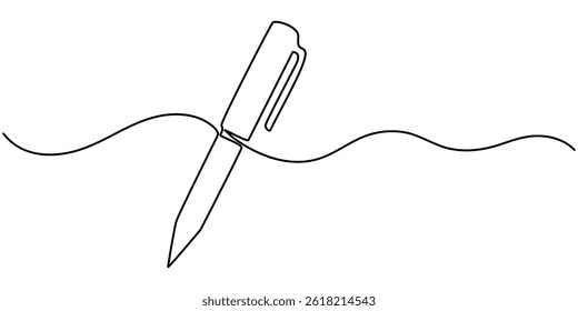 Continuous one line drawing writing pen isolated minimalist linear illustration made of single line vector illustration, Pen Signature Continuous Line Icon, One continuous line of pen writing.