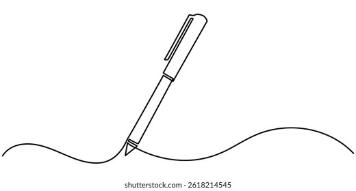 Continuous one line drawing writing pen isolated minimalist linear illustration made of single line vector illustration, Pen Signature Continuous Line Icon, One continuous line of pen writing.