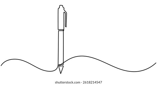 Continuous one line drawing writing pen isolated minimalist linear illustration made of single line vector illustration, Pen Signature Continuous Line Icon, One continuous line of pen writing.